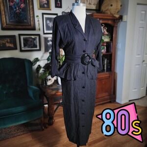 Sally Lou Peplum Sheath Dress Vintage 80s Black Button Up Peplum Belted Size 8